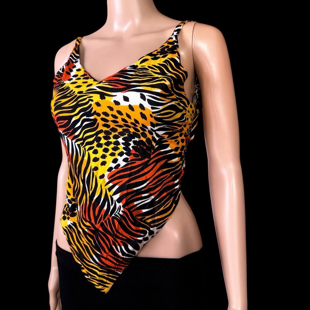 Y2K Handkerchief Tie Back Crop Top Womens Sz S Festival Red Cat Animal Print